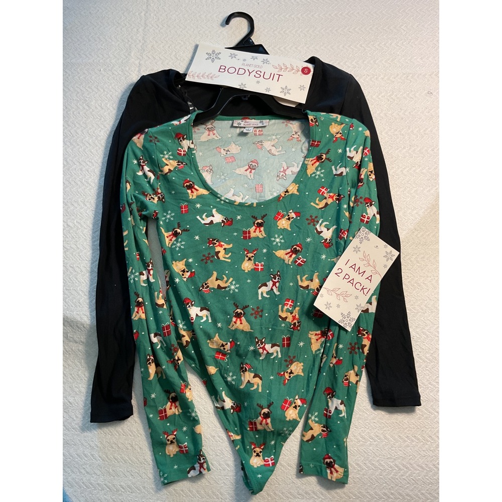 Planet Gold 2-Pack Bodysuit Women's Size S Black & Christmas Dog Print